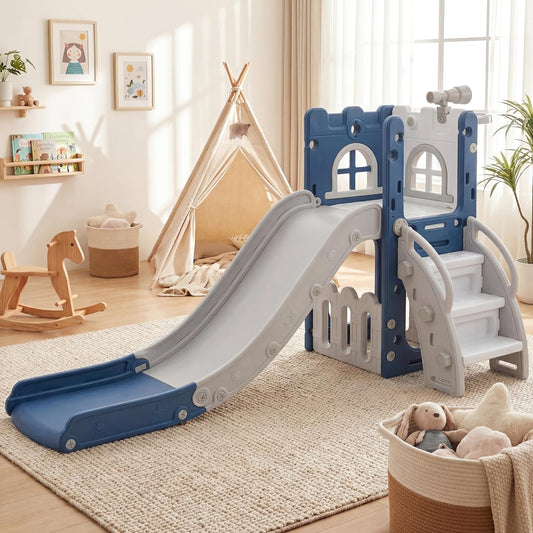 HONEY JOY Toddler Slide, 6 in 1 Freestanding Slide for Kids, Indoor Outdoor Castle Climber Playset Gym w/Basketball Hoop, Ball, Telescope, Storage, Playground Baby Slide for Boys Girls (Blue)