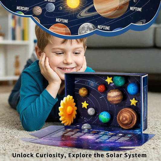 Pllieay 3D Solar System Model Kit, Solar System Kit with Display Box, 17 Mixed Sized Foam Balls, 12 Color Pigments, Brushes, Palette, Educational DIY Planet Toys for School Science Projects