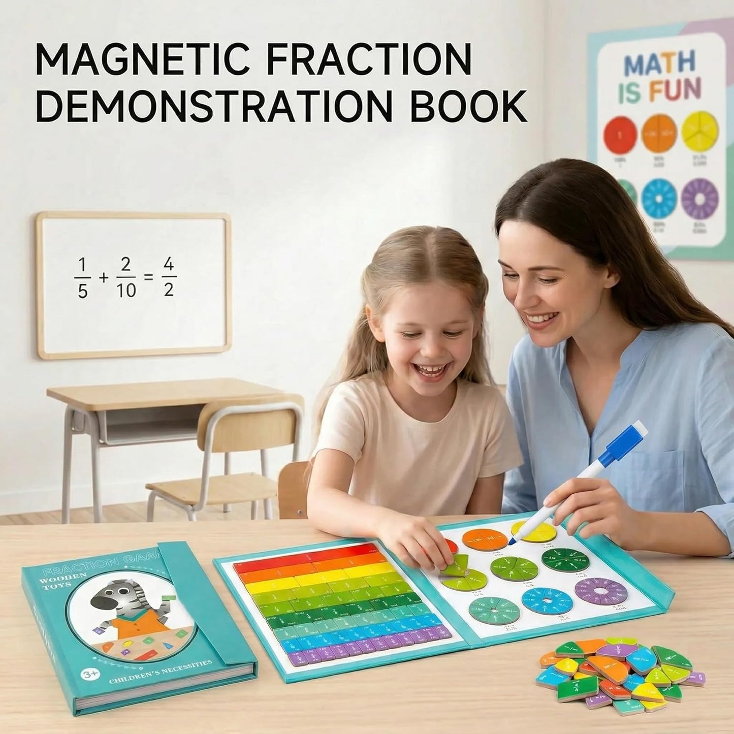 Magnetic Fraction Playbook: Magnetic Fraction Educational Puzzle Tiles & Circles, Fractions Magnets Demonstration Book Montessori Math Manipulatives for Kids Elementary School Game