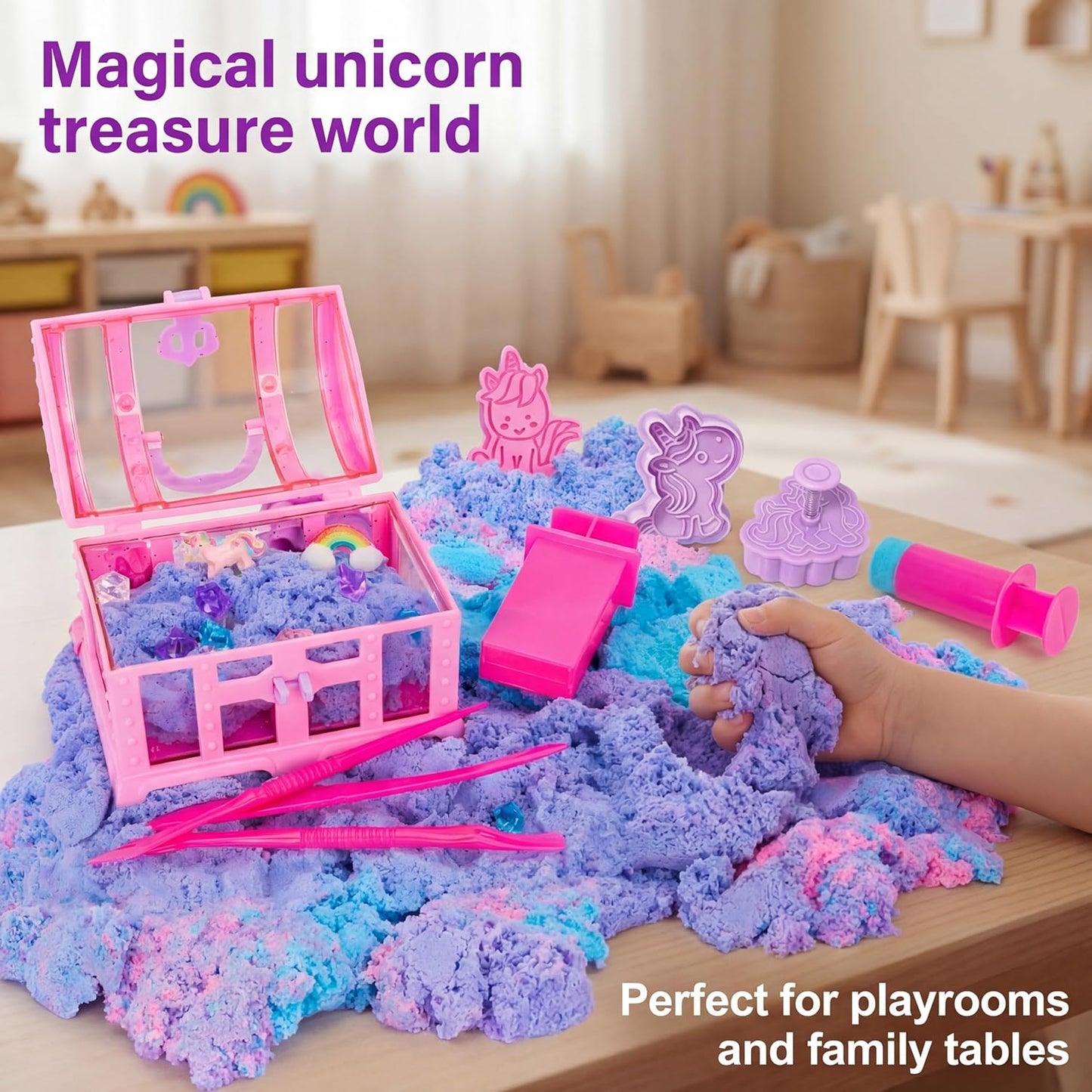 Carolart Unicorn Stretchy Cloud Sand,Blue & Pink Play Sand,Treasure Chest with Sensory Sand,Stretchable,Moldable,Expandable Cloud Slime,Tactile Fun Sensory Kit, Sensory Toys for Kids Ages 3+