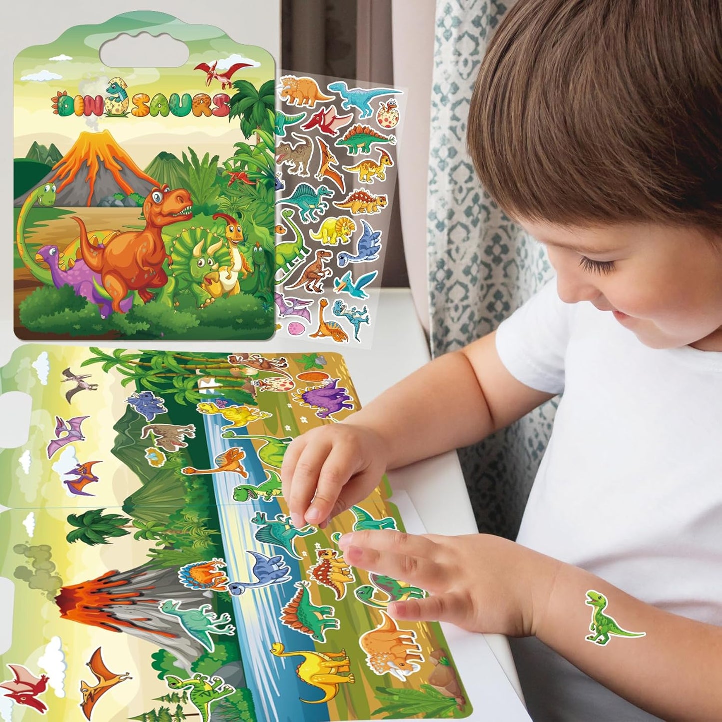 2 Set Reusable Sticker Books for Toddlers 2-4 Years, Puffy Reusable Sticker Activity Book for Kids Toddlers 1-3 Girls Boys Birthday Gifts Include Vehicles&Dinosaur