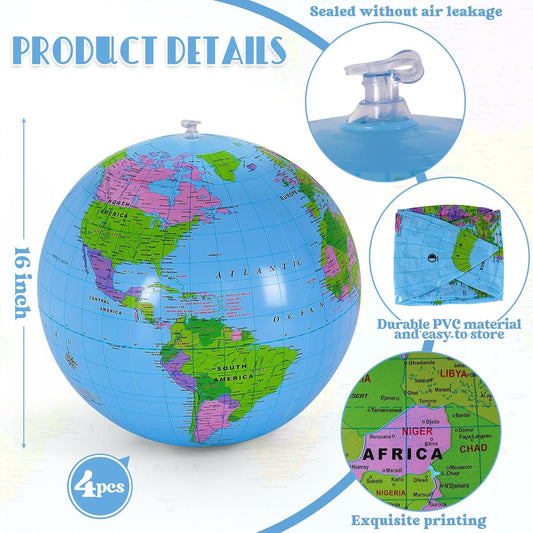 4 Pcs Inflatable Globe,16 Inch Blow up World Globe Beach Ball,Inflatable Earth Beach Ball for Beach Playing or Teaching,Party Bags,Summer Pool Party,PVC Material