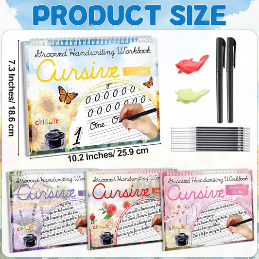 chiazllta 4 Pack Grooved Cursive Handwriting Practice Kit with Disappearing Ink Pens Magic Reusable Grooved Cursive Writing Workbooks Copybook for Beginners Kids (Words&Sentence&Reading&Letters)