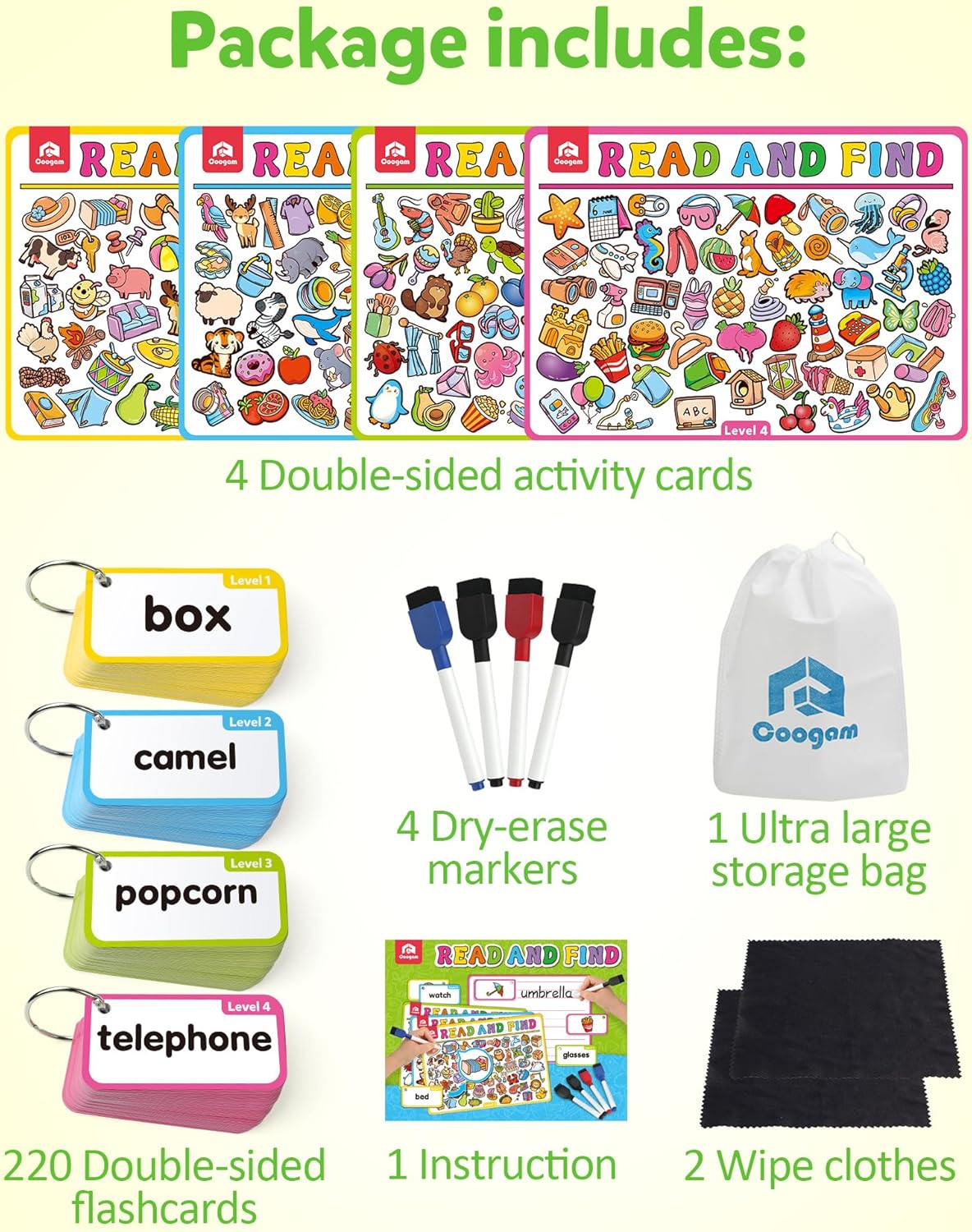 Coogam Search and Find Activity Cards for Kids, 220 Sign Words Dry Erase Busy Book Travel Games, Educational Montessori Toy Learning Flashcards for Kindergarten Preschool 3 4 5 Years Old Kids
