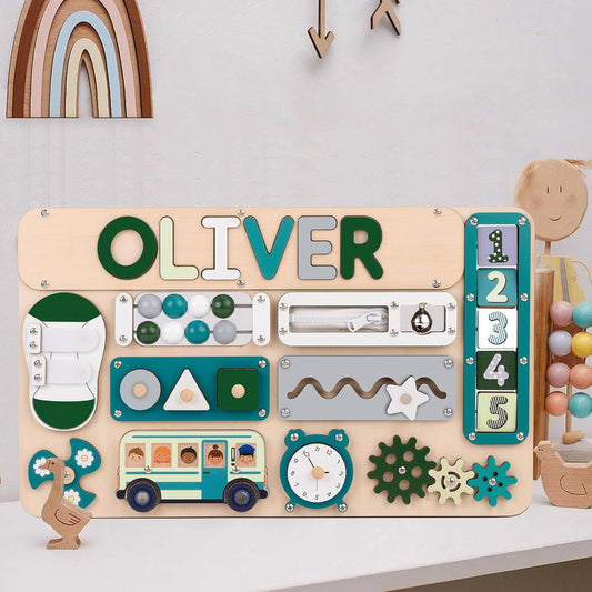 Montessori Busy Board with Personalized Name Puzzle, Wooden Sensory Activity Toy for Toddlers 1-3, First Birthday Gift
