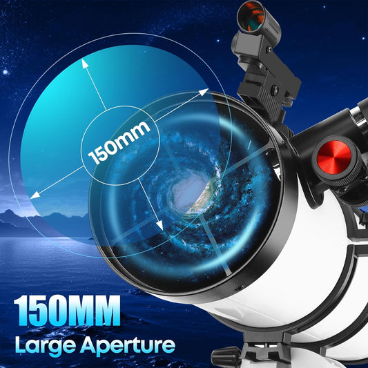 Telescope 150EQ Astronomical Professional Telescope for Adults High Powered, Manual Equatorial Reflector Telescopes for Beginners with Phone Adapter, Moon Filter, Stainless Tripod - with Carrying Bag