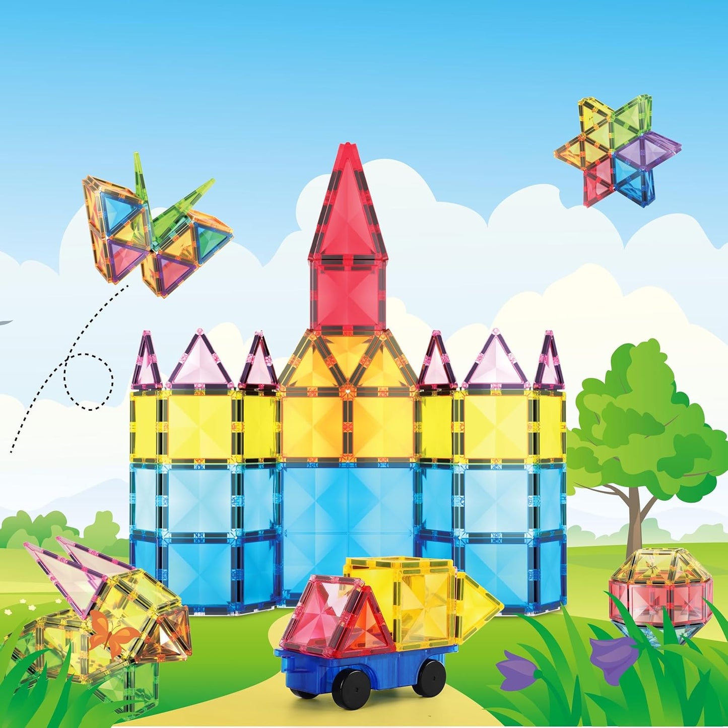 PicassoTiles 4pcs Magnetic Building Block Large Square Shape Magnet Tiles Construction Toy STEM Learning Kit Educational Playset Playboard Pretend Play Stacking Blocks Child Brain Development PTE09