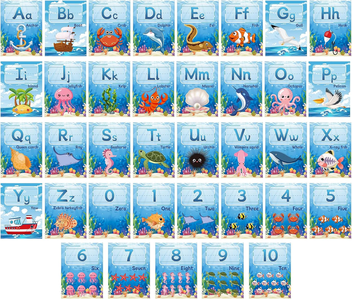 37 Pcs Alphabet for Classroom Wall Under The Sea Bulletin Board Set Alphabet Number 0-10 Line ABC Letters for Classroom Wall Decor (Ocean)