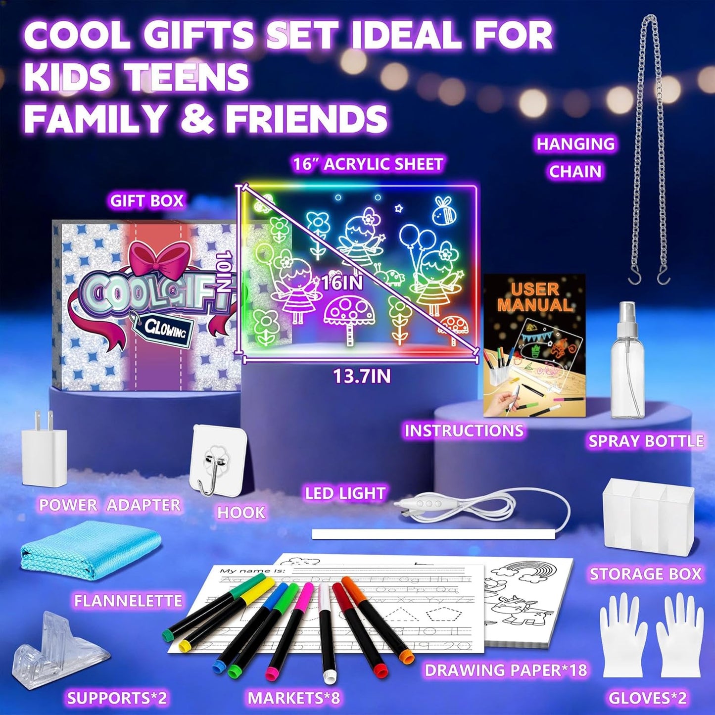 16" Led Drawing Board for Kids with 18 Tracing Stencils - Light up Led Note Board, 2026 Birthday Gifts for Boys Girls Ages 5 6 7 8 9 10 12+ Year Old, Magic Glow Art Toys for 6 7 8 9 10 Year Old, 39PCS