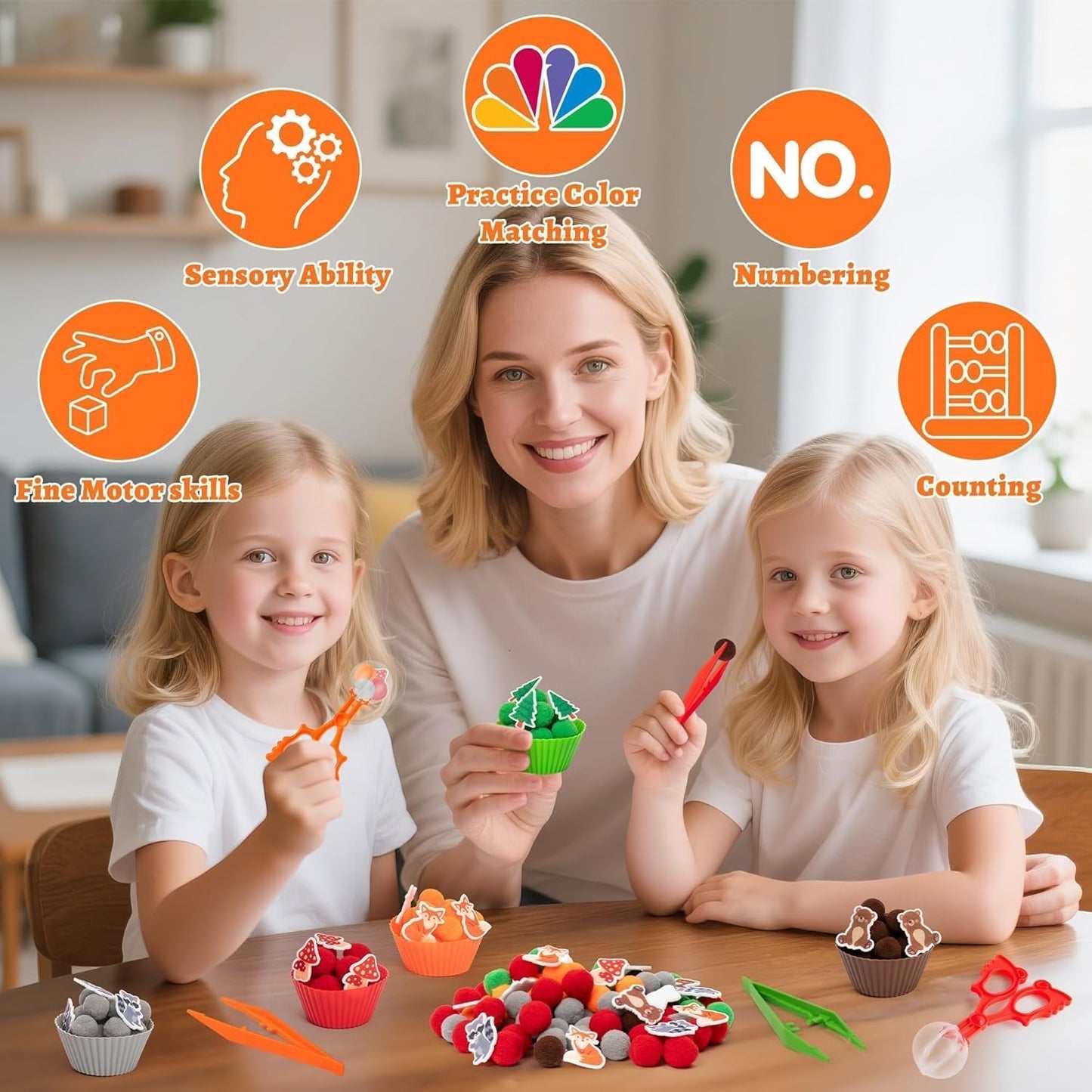 EZdhuawuse Summer Sensory Bin Fillers - 268P Fine Motor Toy Counting Sorting Set for Kid Birthday Easter Gift, Felt Phrases Heart Colorful Pom Poms Cup Clip for Preschool Education Activities