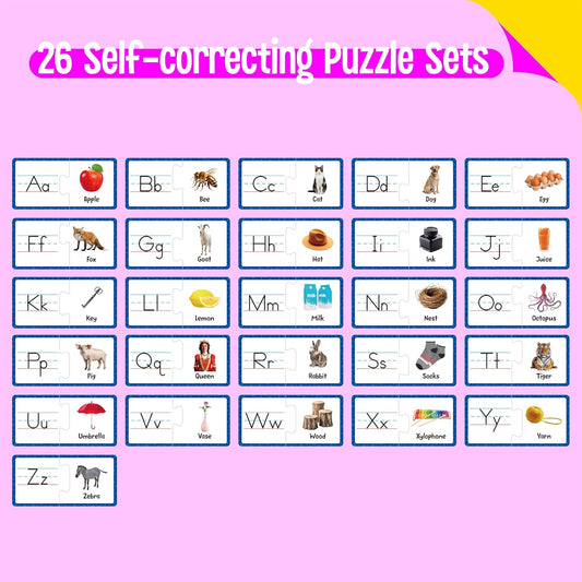 Rhyming Puzzles, 26 Groups Rhyming Word Cards Phonics Matching Game Self-Correcting Puzzle Early Childhood Learning Card for Kindergarten Preschool