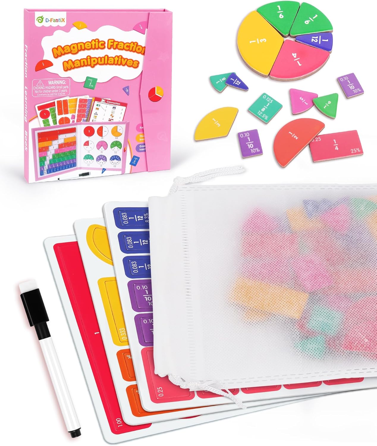 D-FantiX Magnetic Fraction Educational Puzzle, Magnetic Fraction Tiles & Fraction Circles Set, Math Manipulatives for Elementary School, Montessori Fraction Manipulatives Learning Toys for Kids