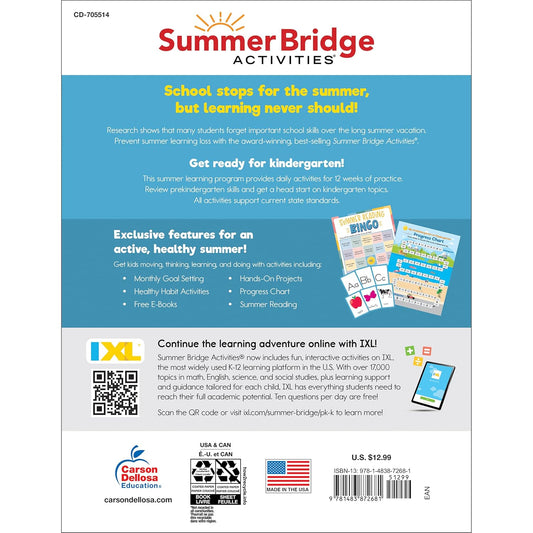 Summer Bridge Activities Preschool to Kindergarten Workbook, Activity Book Ages 4-6 With Math, Phonics, Handwriting Practice, Fitness, Flash Cards, Stickers, and More