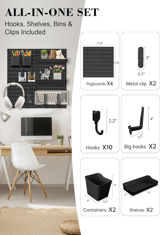 Pegboard Wall Organizer Set – 4 Peg Boards with Hooks & Shelves – Office, Kitchen, Gaming Room Desk Pegboard Storage – Peg Board Wall Display Rack (White)
