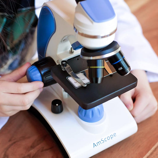 AmScope M162C-2L-PB10-WM-SP14-50P100S 40X-1000X Beginners Microscope Kit for Kids & Students w/Complete Science Accessory Kit + World of The Microscope Book