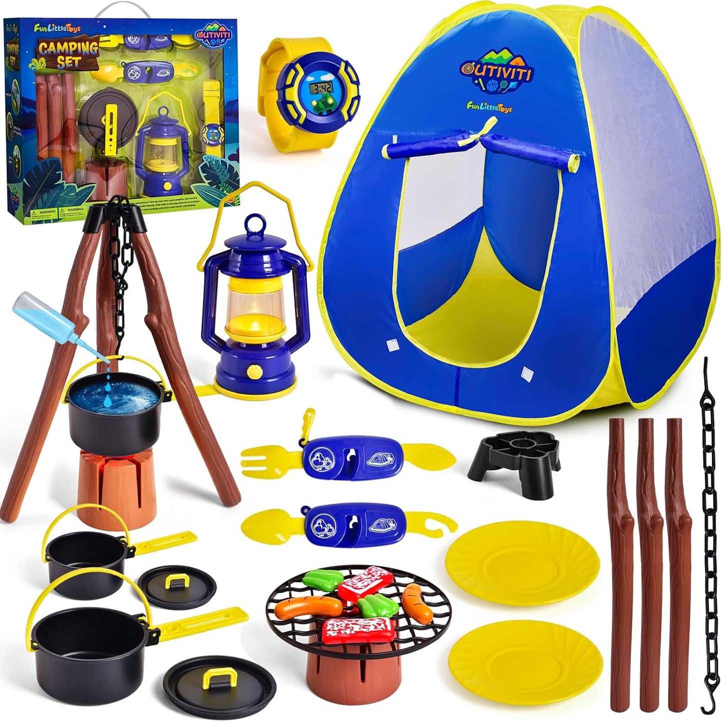FUN LITTLE TOYS Pop Up Play Tent with Camping Gear and Tools Set, Outdoor Toys for Kids