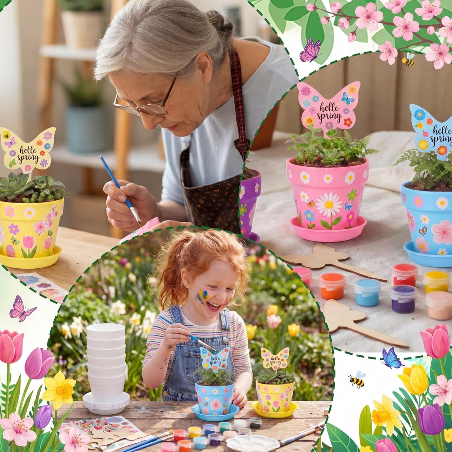 Funnymoom 48 Set Paintable Flower Gardening Kit Bulk DIY Paint and Plant Garden Plastic Flower Pot with Tray Stickers for Home Easter Party Art Mother's Day Spring Gifts Gardening Summer Activities