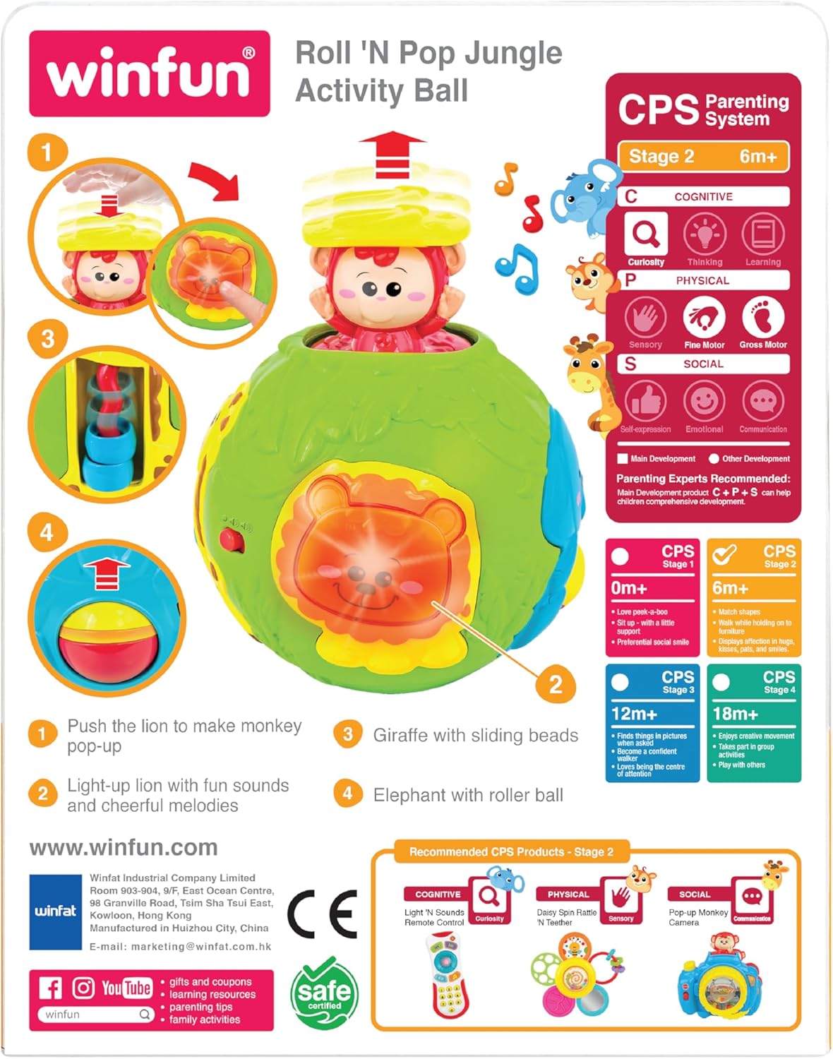 winfun Roll 'N Pop Jungle Activity Ball with Light-Up Lion, Pop-Up Monkey, Sliding Beads & Roller Ball – Interactive Sensory Toy for Babies, Promotes Fine Motor Skills, Coordination & Cognitive