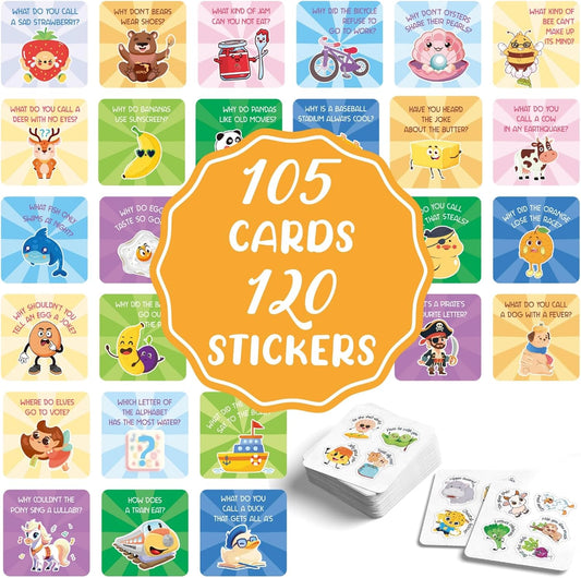 105 Joke Cards for Kids Lunch Box Jokes for Kids, Inspirational Lunch Notes for Boys Girls Students School Notes Jokes Cards with 120 Reward Stickers for Teacher