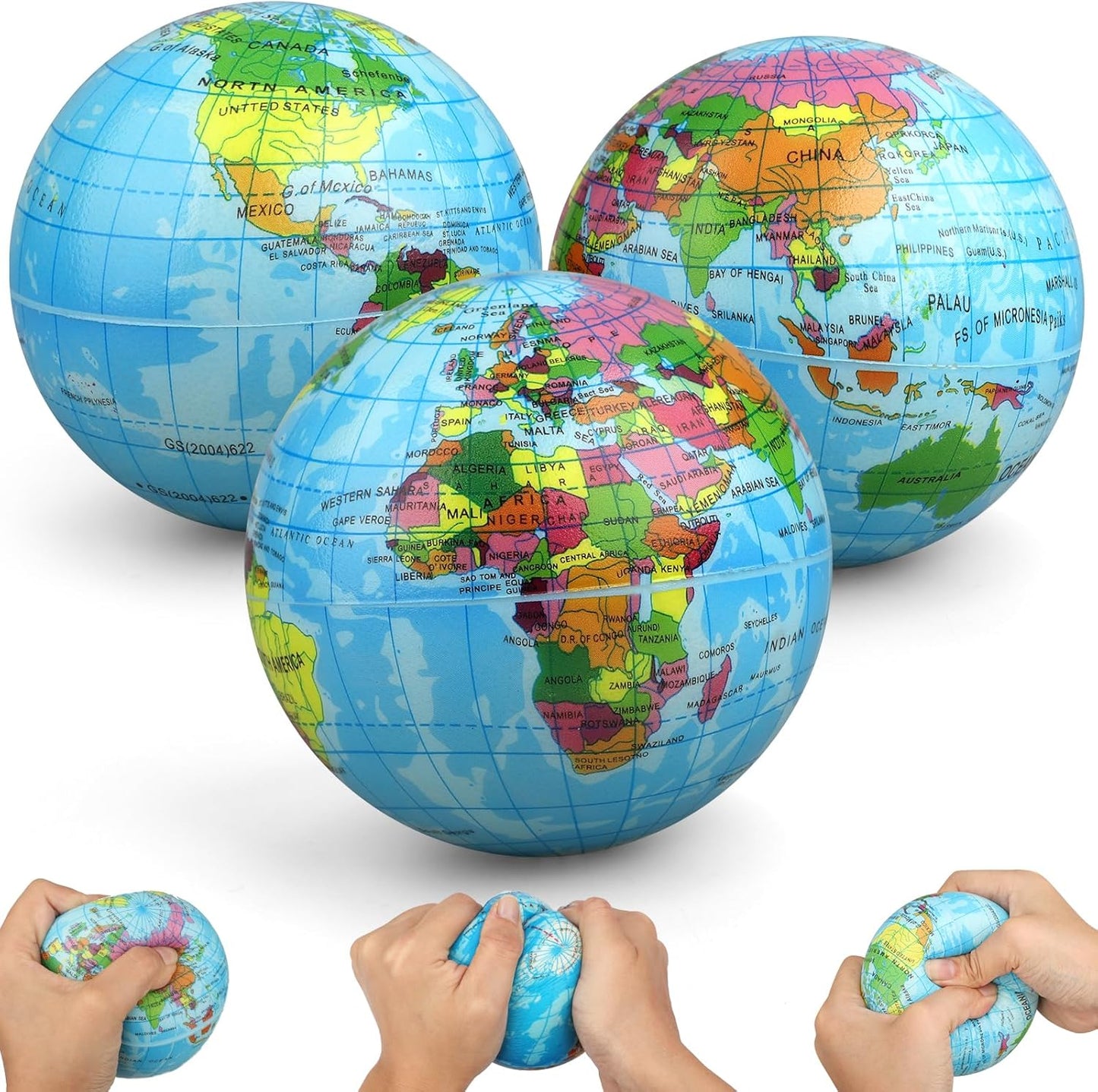 Umnodobn Mini Earth Soft Squishy Ball 3 Pack - 3.7 Inch Foam Globe Stress Balls for Boys Girls- Educational Geography Squishies Toys- Squeeze Sensory Learning Toy World Map for Kids Adults