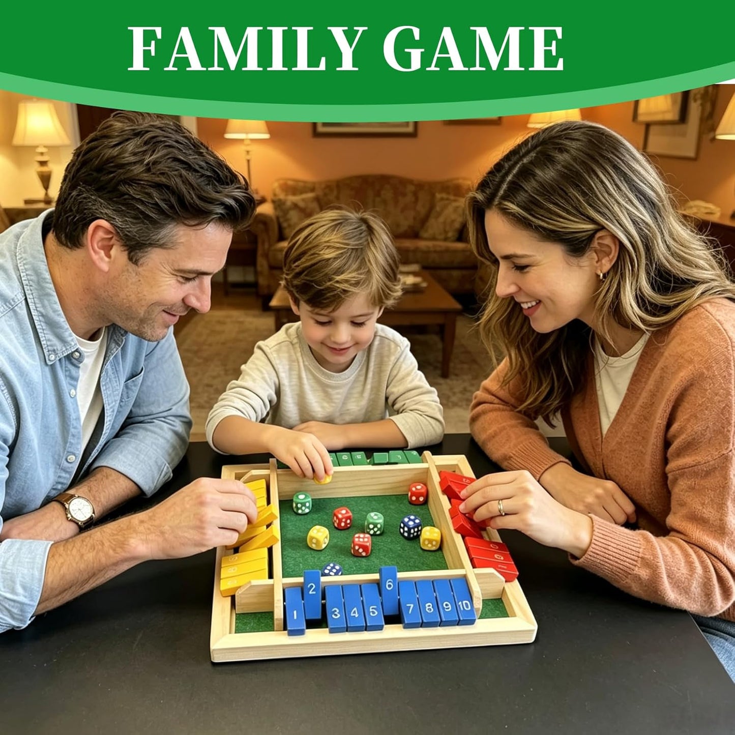 Shut The Box Dice Game for 2-4 Players, Wooden Board Tabletop Math and Strategy Game with 8 Dice and Velvet Storage Bag, Classic Family Board Game for Home, Party or Pub, Brown