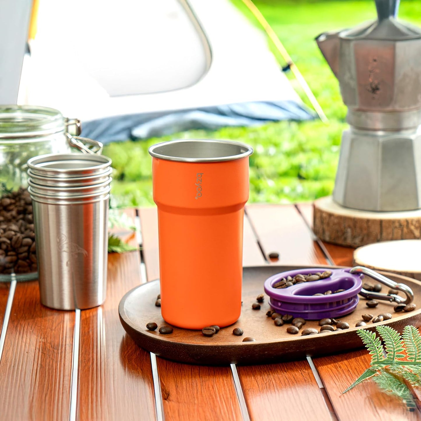 bzyoo 5-Piece Nesting Camping Cups Set - 9oz Stackable Stainless Steel Mugs with Patterned Designs & Integrated Carry Hook, Space-Saving Portable Outdoor Mess Kit for Family Hiking, Backpacking & RV