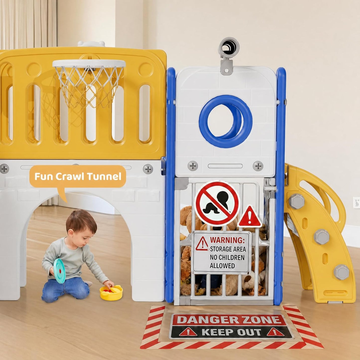 Arlopu 9 in 1 Toddler Slide Set, Kids Large Climber Slide Playset w/Long Slope, Telescope, Storage Space, Enclosed Steps, Indoor Outdoor Playground (White & Gray)