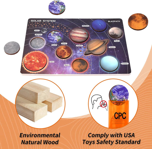 Solar System Wooden Puzzle Toys for Kids 3-5, Toddler Outer Space Montessori Planet Toys Gifts for Girls & Boys, Preschool Solar System Learning Planet Wood Puzzle Board Sensory STEM Game