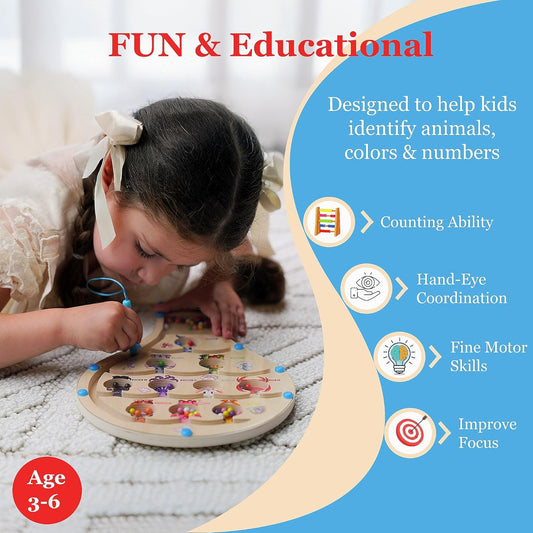 Balloon Magnetic Color Animal and Number Maze for Toddlers (Ages 3–6) - Montessori Wooden Puzzle Busy Board - Travel STEM Toy - Fine Motor Skills Color Matching & Counting - Gift for Boys & Girls