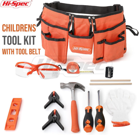Hi-Spec 16pc Orange Kids Tool Kit Set & Child Size Tool Belt. Real Kit for DIY Building, Woodwork & Construction Learning for Kids
