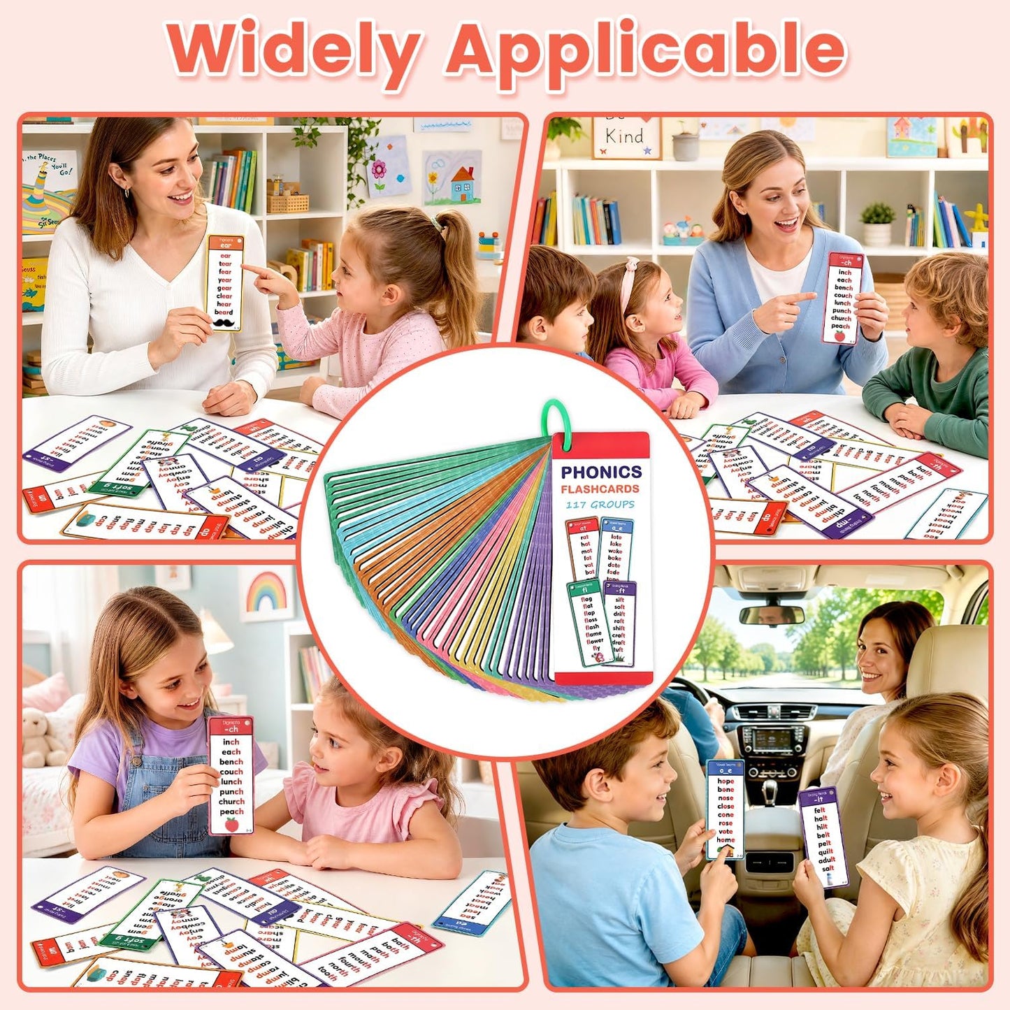 Phonics Flashcards for Kids Ages 4-8, 60 Pcs Words Phonics Word Lists Cards, 117 Phonics Groups with 900+ Rhyming Words, Early Educational Learning Games for Preschool, Kindergarten