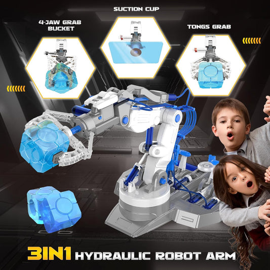 SMIESSKIDDO 3 in 1 Hydraulic Robot Arm - 220 Pcs STEM Building Toys with 4-Jaw Grab, Suction & Tongs for Kids 8-12 | No Batteries Needed Engineering Gift for Boys & Girls Ages 9 10 11 - Yellow