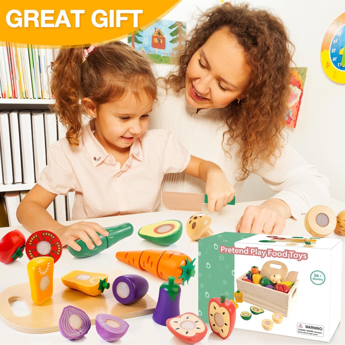 Wooden Play Food for Toddlers, Fruit and Veggies Cutting Set for Kids, Pretend Food Play Kitchen Accessories for 3 4 5 6 7 Years Old Boys & Girls