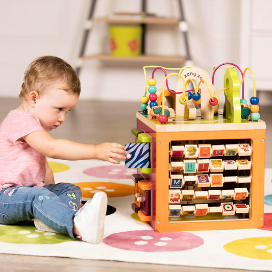 B. toys – Tabletop Activity Cube – Educational Storybook Included – Wooden Shape Sorter, Bead Maze, Animal Tiles – Top Flips for Compact Storage – 12+ Months – Lil' Learning Cube