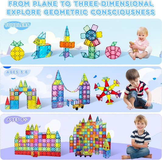 Paaxido Magnetic Tiles, 130PCS Magnetic Blocks Set with 2 Cars, 4D Diamond Magnet Building Blocks, STEM Preschool Educational Magnet Toys Gift for Kids, Boys and Girls 3 4 5 6 7 8+ Year Old
