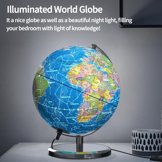 Waldauge Illuminated World Globe with Stand, 9" Earth Globes with Stable Heavy Metal Base for Kids Classroom Learning, LED Constellation Globe Night Light with HD Printed Map