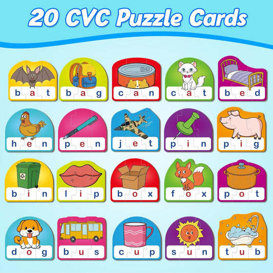 Kasfalci CVCC & CCVC Puzzle Cards for Kids - Word & Phonics Games, Speech Therapy Toys for Toddlers, 4 Alphabet Letter Word Puzzles, Learning Spelling Games