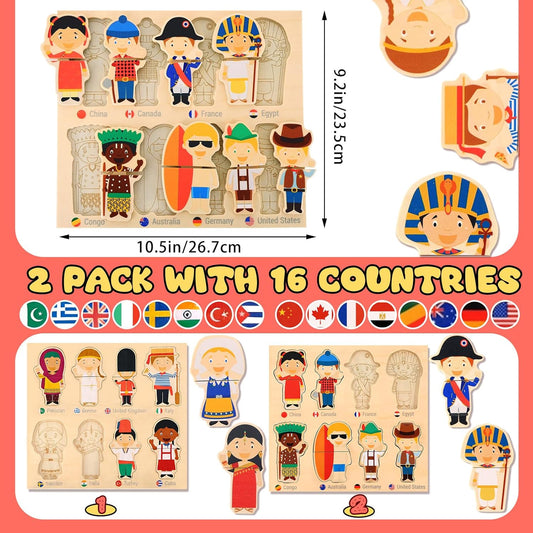 2 Set Wooden World Countries Puzzles for Toddlers 16 Mix and Match Racial Cognition Characters Diversity Educational Toys Multicultural Dress-Up Peg Puzzle Learning Toy for Boys and Girls