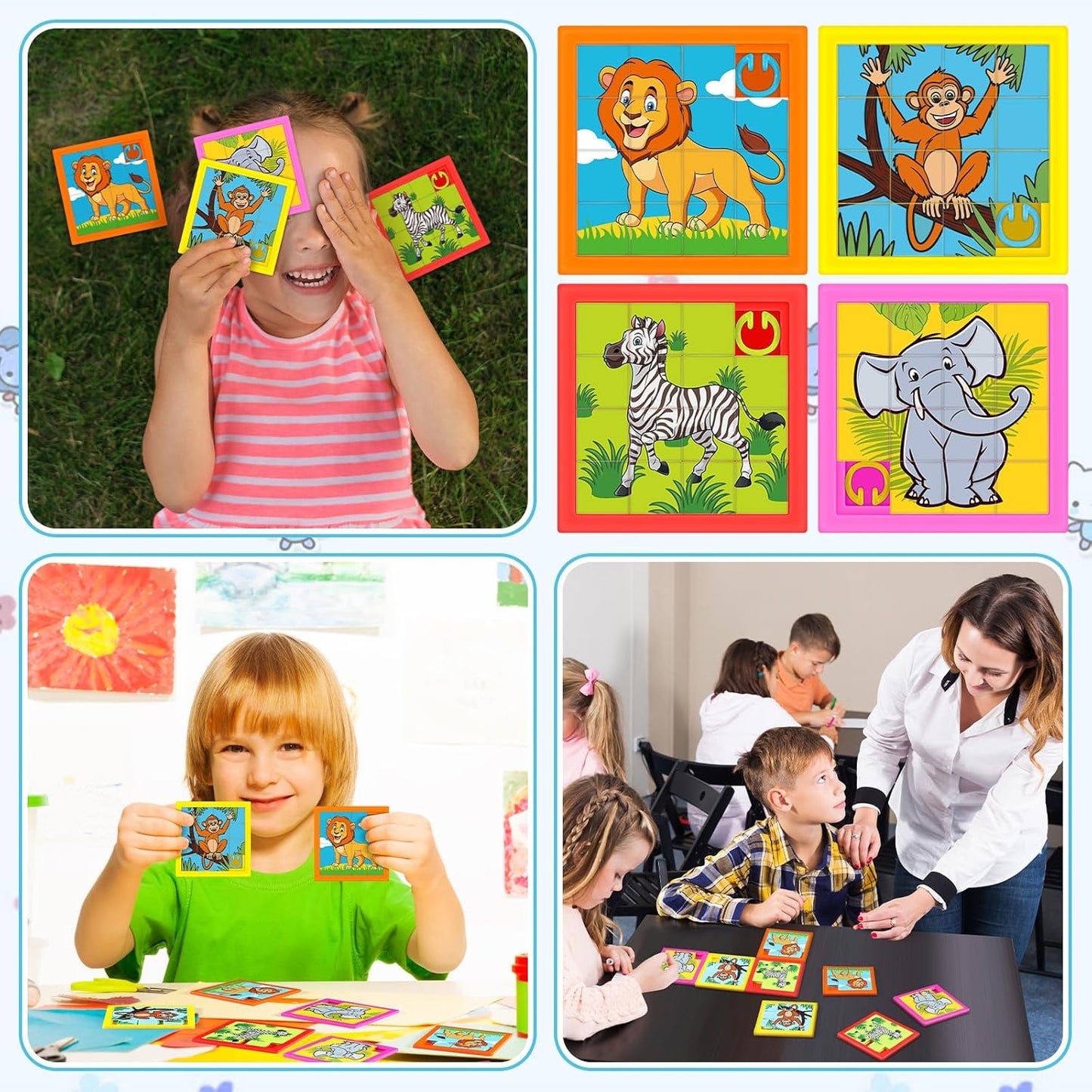 Simgoing 24 Pieces Animals Slide Puzzle Fun Brain Teaser Toys Games Monkey Zebra Lion Elephant Cute Pattern, Develops Problem-Solving Skills for Homeschool Classroom VBS Learning, 2.4 x 2.4 Inch