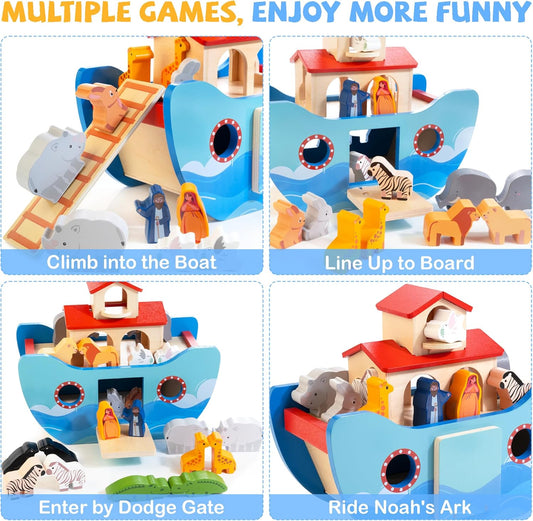 JUSTWOOD Wooden Noahs Ark Toy Animal Play Set, Bible Story Toys Baptism Gift for Boys and Girls Ages 1+ Years, Baby Shape Sorter Toy SS09
