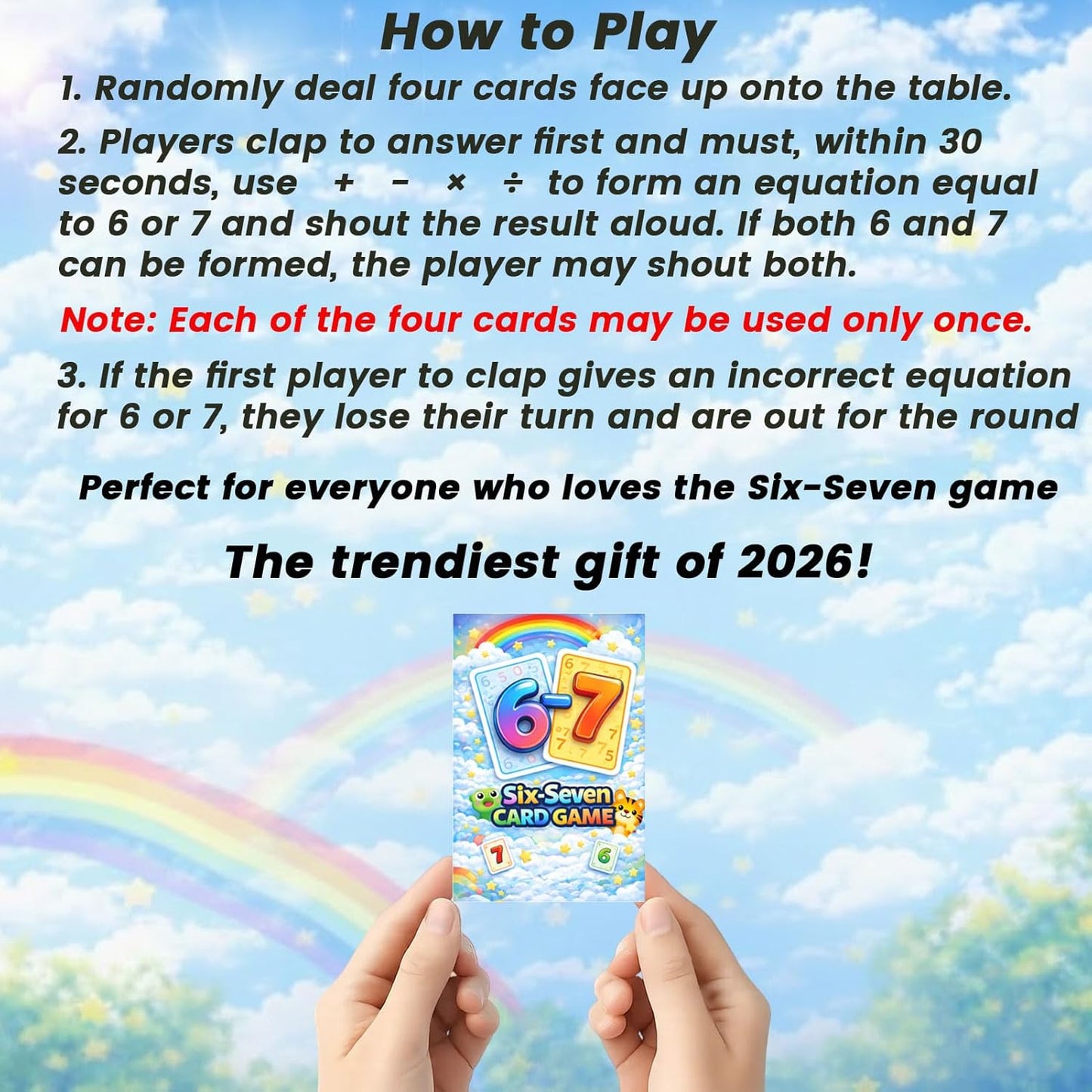 Six Seven Math Card Game Card Version Fast Equation Game Make 6 or 7 Addition Subtraction Multiplication Division Includes Instruction Book Family Game Night Classroom STEM Travel Game 2 to 6 Players