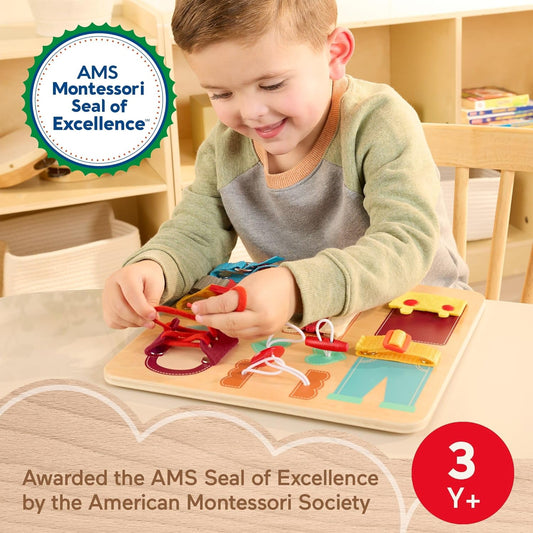 Fisher-Price Wood Montessori Toy Dressing Board, American Montessori Society Seal of Excellence, Early Life Skills Learning Wooden Busy Activity for Preschool Kids Ages 3+ Years (Amazon Exclusive)