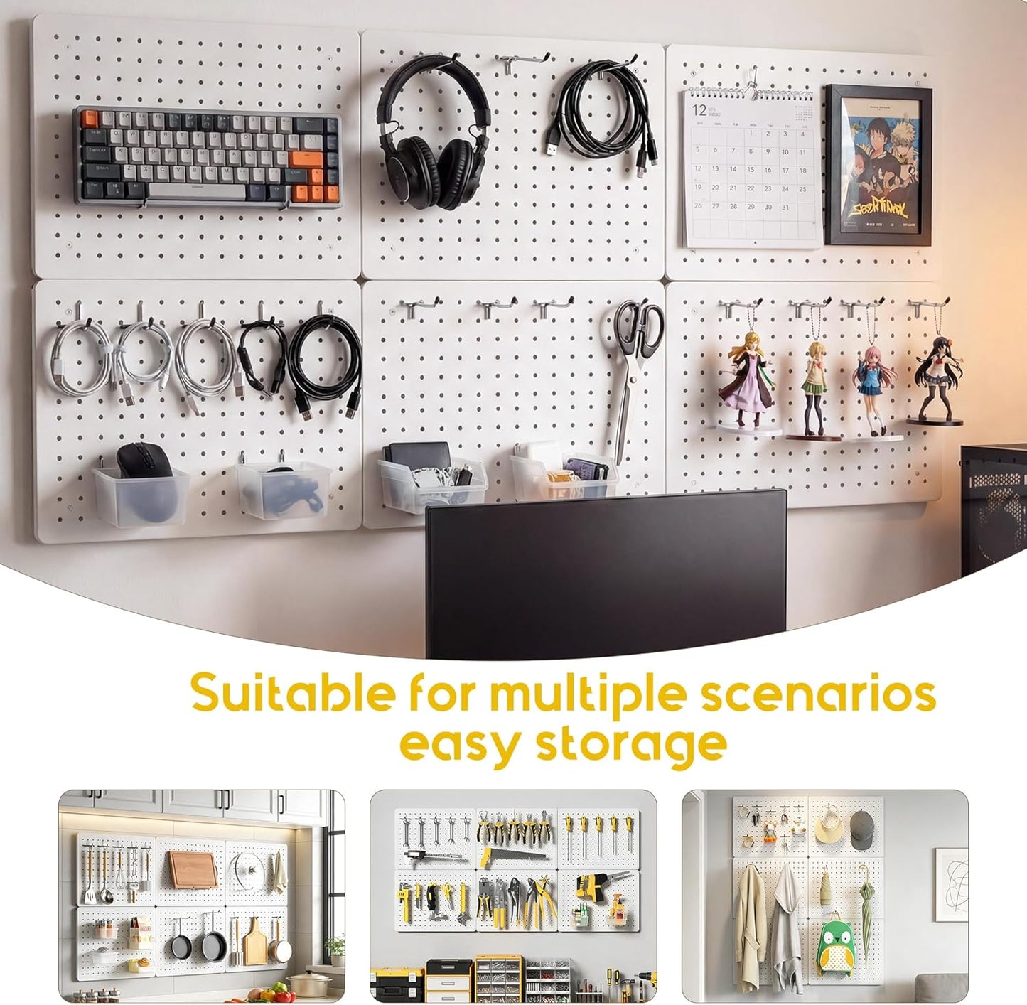 Peg Board for Tools, 4 Pack Metal Pegboard Wall Organizer with Hooks,16"×12" White Pegboard Panels for Walls Home, Garage Tool Storage, Kitchen, Office Organization, Craft Room