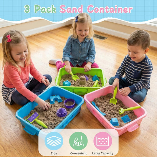 3 PCS Sand Container Compatible with Kinetic, Sand Tray with Lid, Stackable Sandbox Container, Plastic Storage Bins with Handle, Secure Closure, Ideal for Travel and Home Use (Blue, Green, Pink)