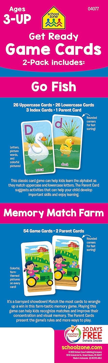 School Zone Get Ready Game Cards Go Fish & Memory Match Farm 2-Pack: 108 Flash Cards, Preschool, Kindergarten, Alphabet, Letters, Animals, Word-Picture Association, Matching, Memory, Ages 3+