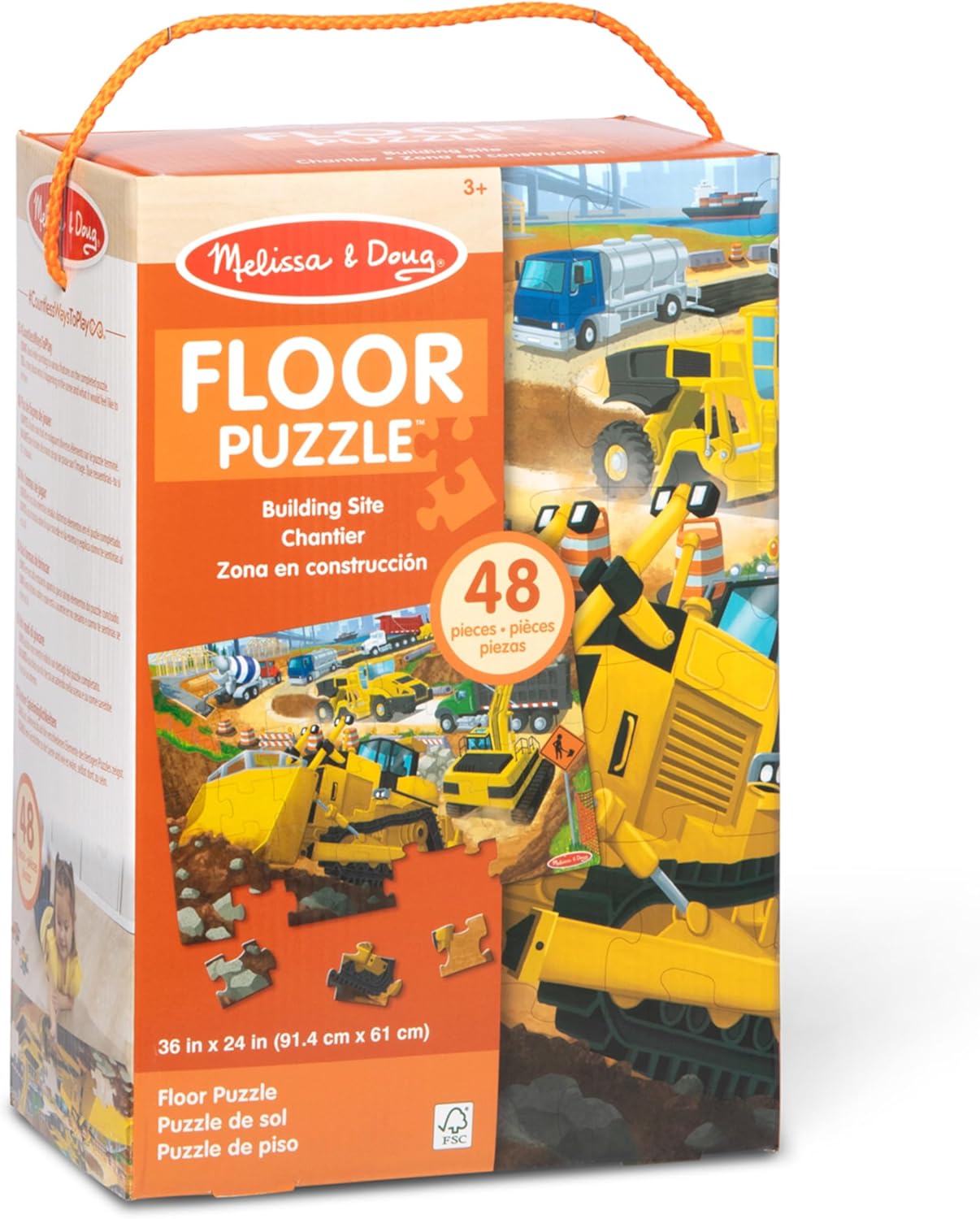 Melissa & Doug Building Site, Construction Themed Jumbo Floor Puzzle, 48‑Piece Construction Vehicle Jigsaw Puzzle, 3 x 2 Foot Toddler Puzzles for Kids Ages 3+