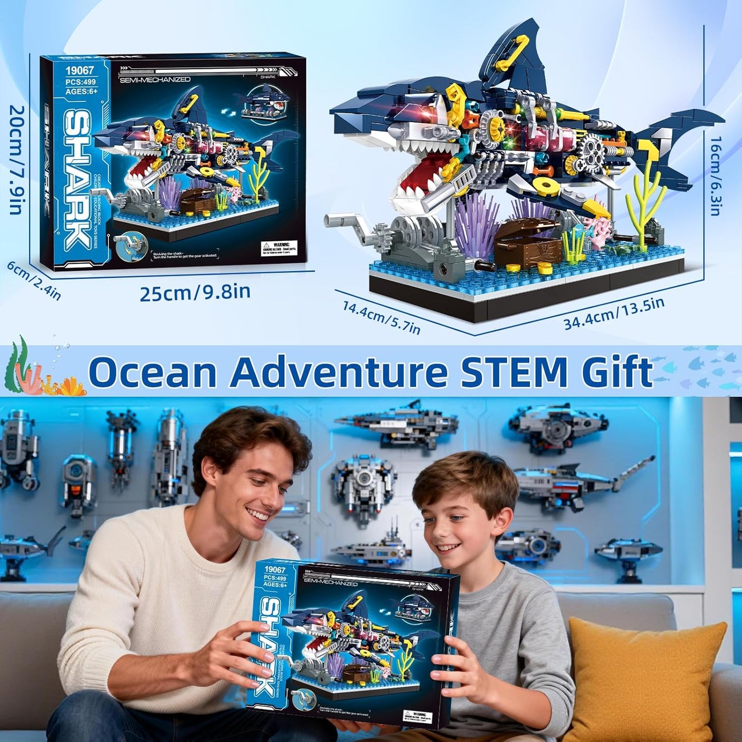 Shark Building Block Set, Mechanical Rotatable Animal Shark Toys, Birthday Gifts for Kids Boys Girls Ages 6+, Shark Fish Building Home Office Decor