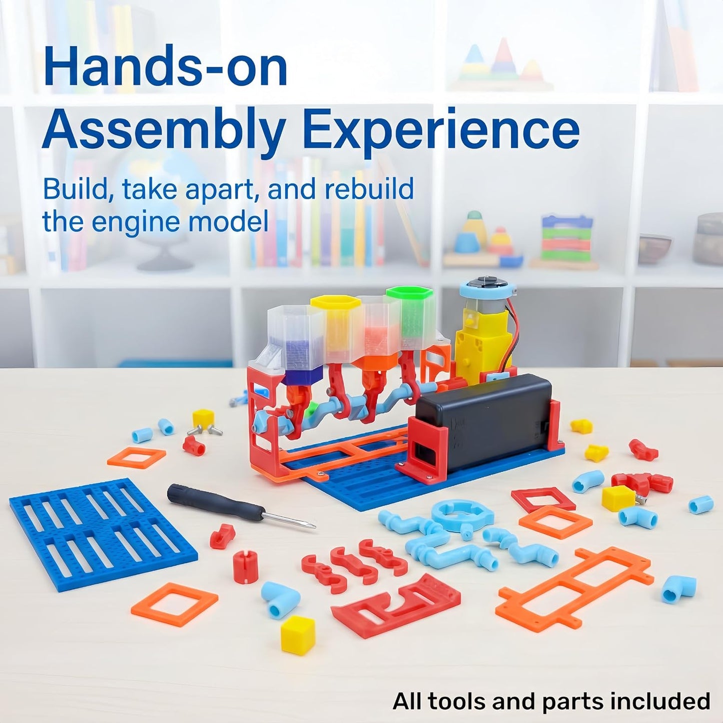 4-Cylinder Working Engine Model DIY Assembly STEM Kit for Kids Ages 8–14, Build with Moving Pistons and Crankshaft, Hands-On Mechanical Engineering Learning Kit