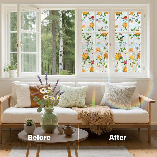 Donox Window Privacy Film Static Cling, Decorative Stained Glass Style Tint, Lotus Pattern with Rainbow Effect for Home and Office, UV Blocking No Glue Removable, 17.5 x 157.4 inches