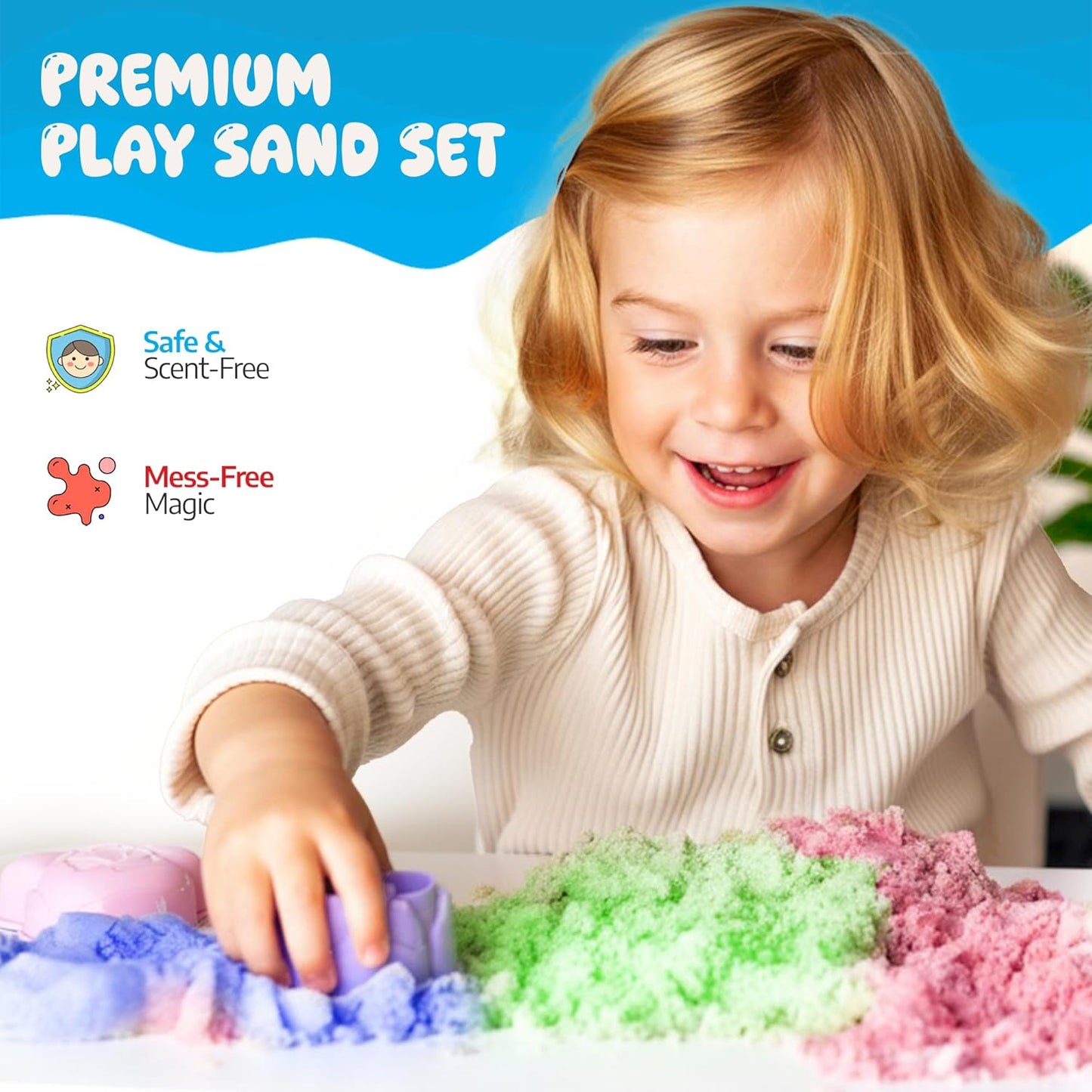 Sleepah Play Sand Sensory Sand Set for Boys & Girls Age 3 4 5 6 7 8 No Mess Never Dries Out Toy Perfect for Shaping Squeezing Scooping Rolling Molding – 36p Set 5 Colors Large Arts & Crafts Set Gift